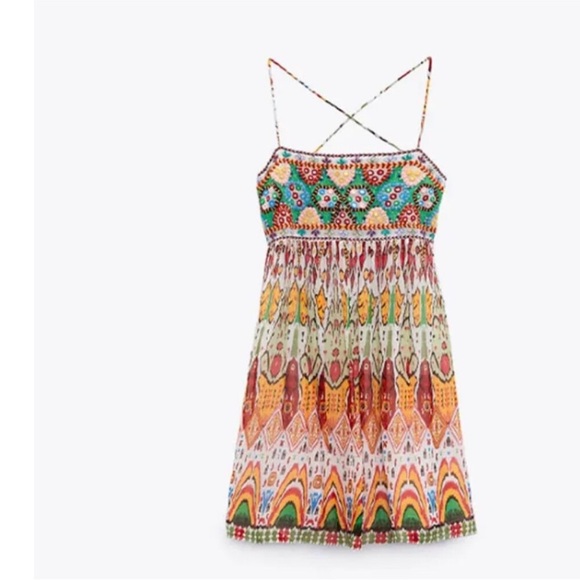 Zara strappy embroidered multi Colorful Bohemian Summer mini  Dress NEW - Picture 7 of 11